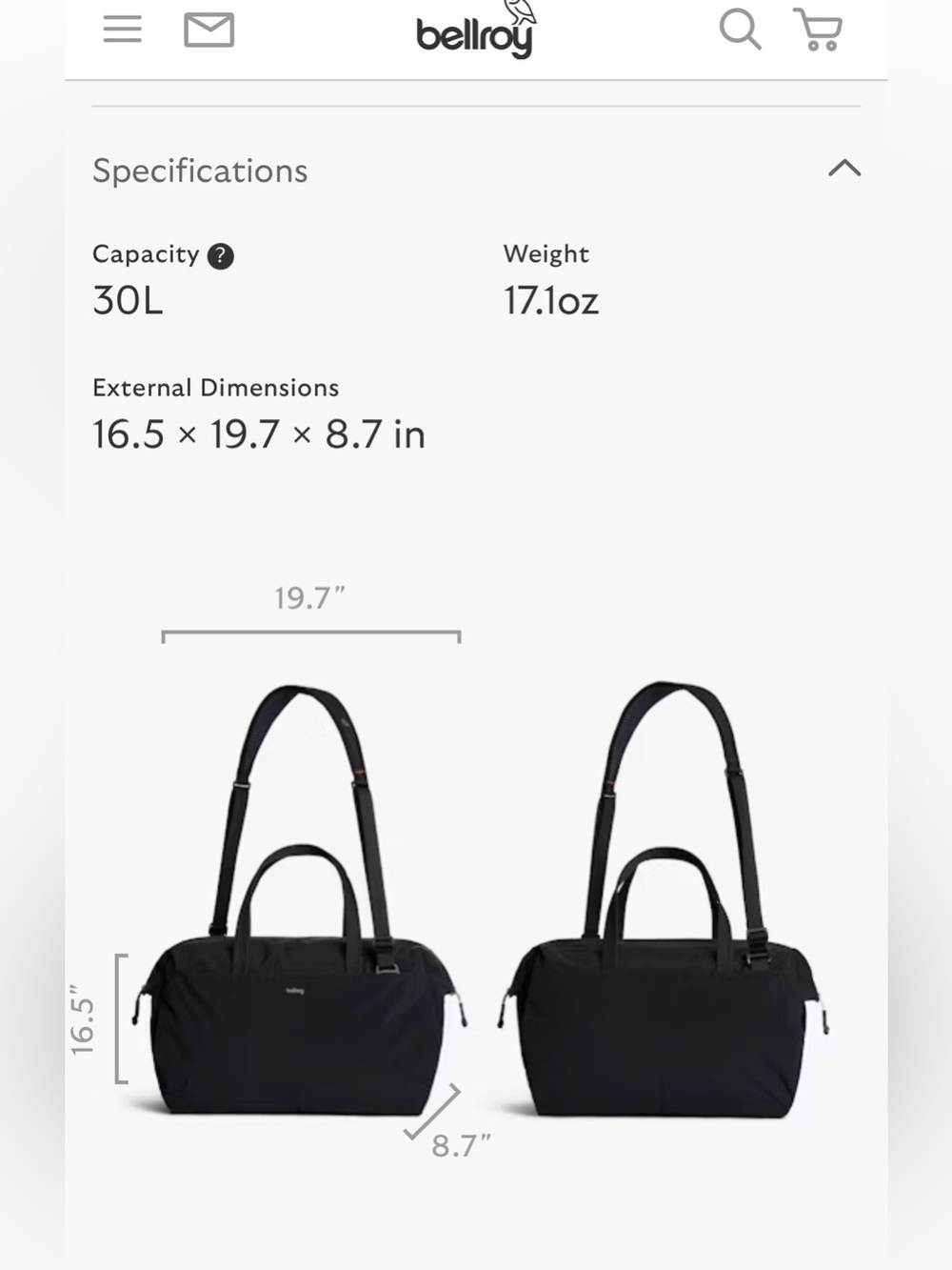 Bellroy Black Lite Duffel 30L - Picture 10 of 10